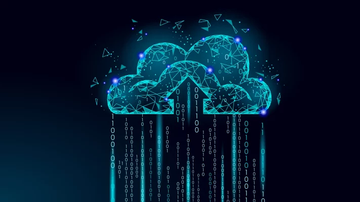 An illustration representing cloud computing, showing virtual servers, data storage, and interconnected devices in the cloud, symbolizing the scalable and flexible nature of cloud-based services provided by Sequelnet for efficient data management and application hosting.